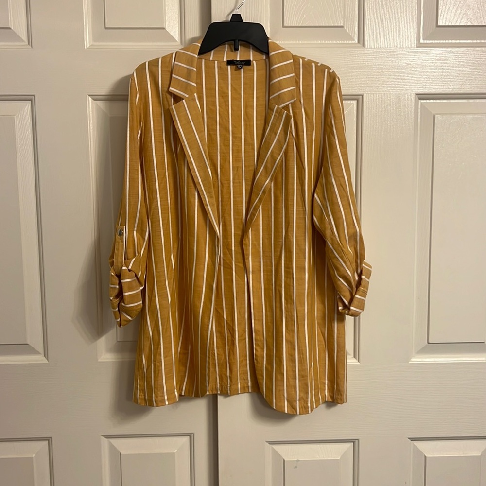 U66- by Beau Orange White Stripes Roll Tab Long Sleeve Open Cardigan Jacket Sz 8